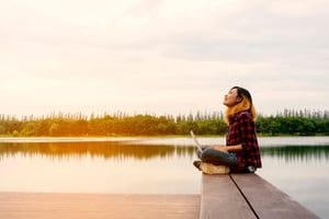 woman on bench  near lake