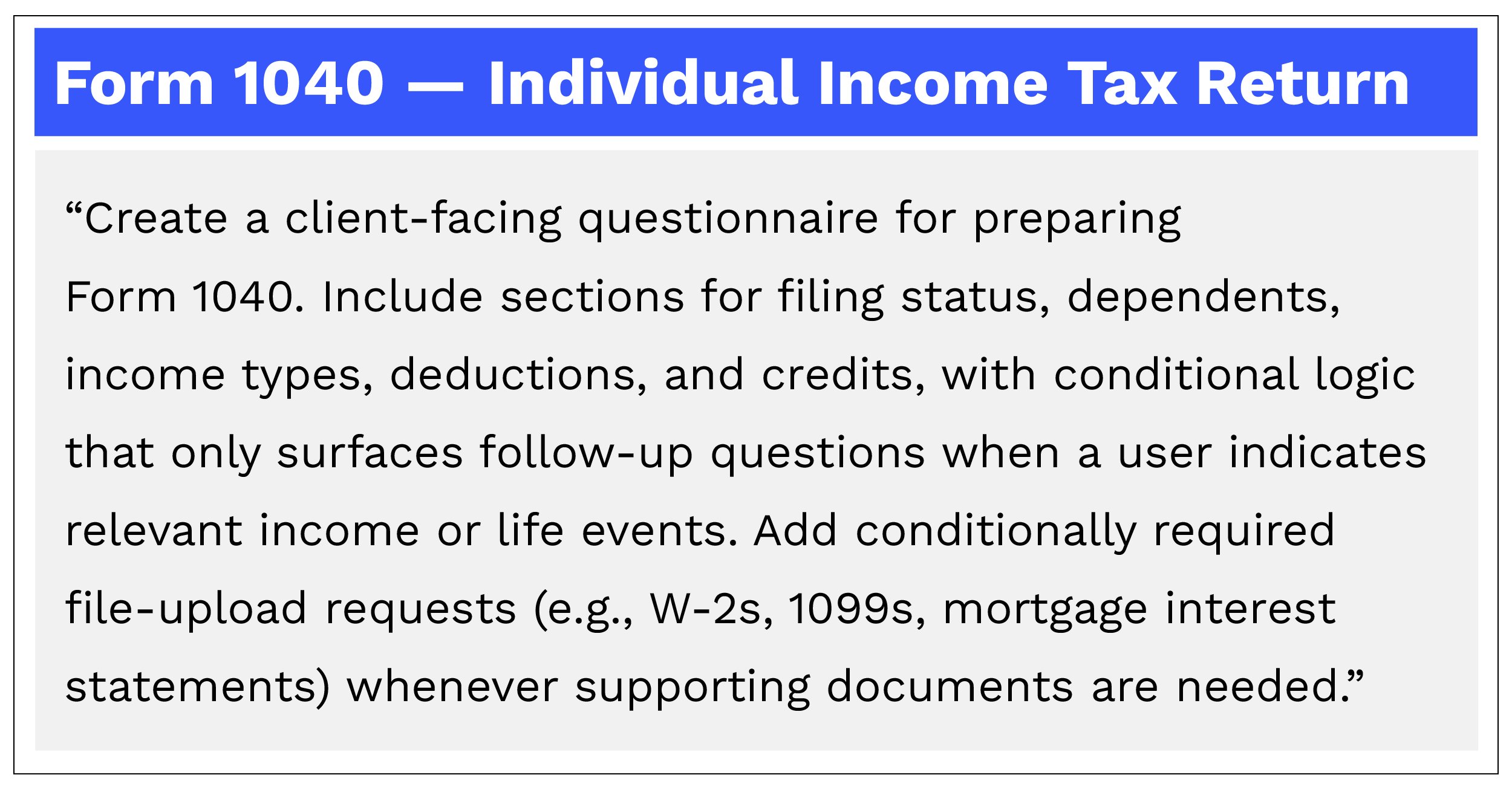 Client questionnaire interface for Form 1040 with sections for filing status, dependents, income types, and document upload prompts like W-2s.