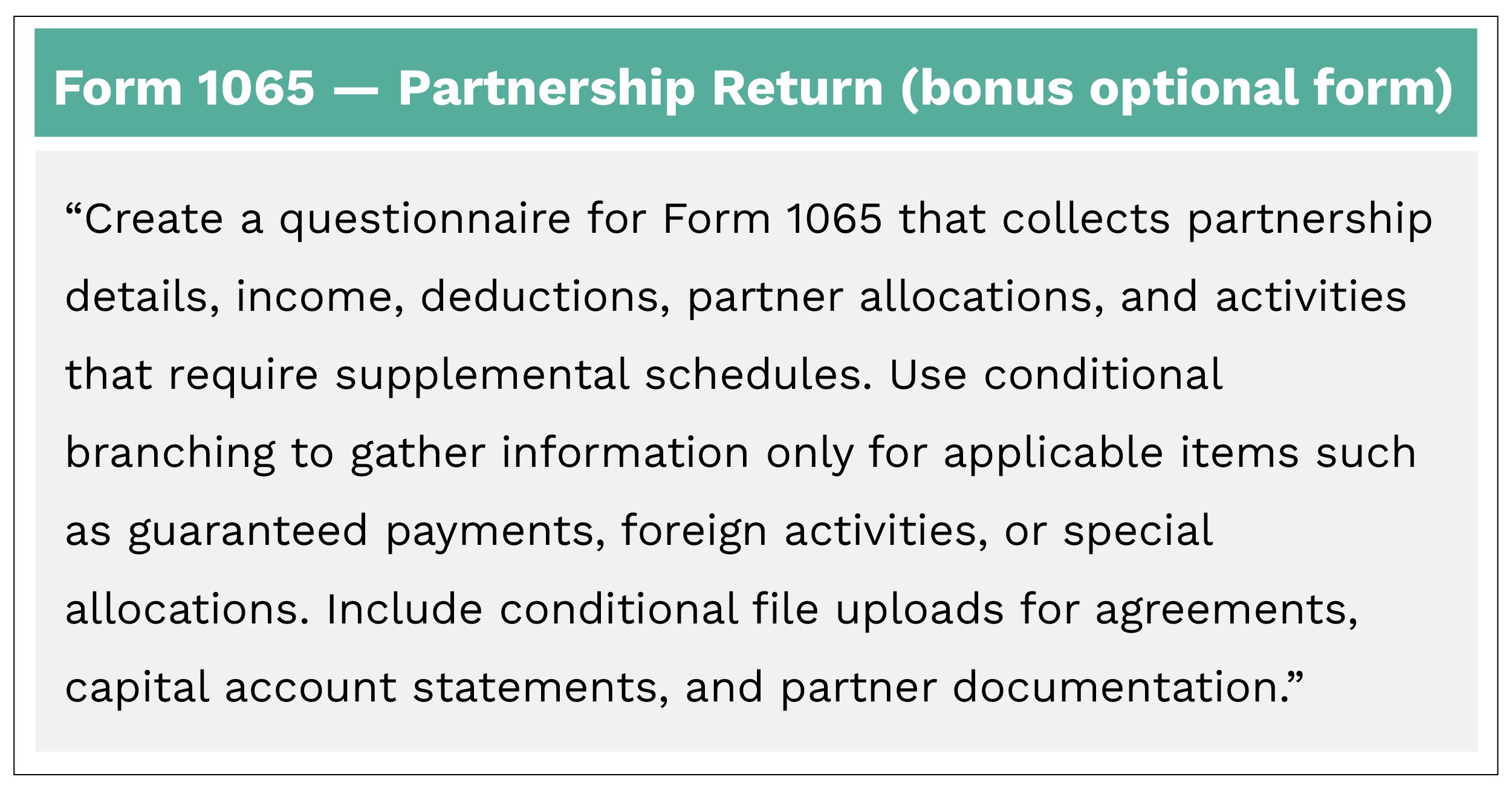 Interactive partnership tax form questionnaire for Form 1065 showing partner allocations, foreign activities, and capital account uploads.
