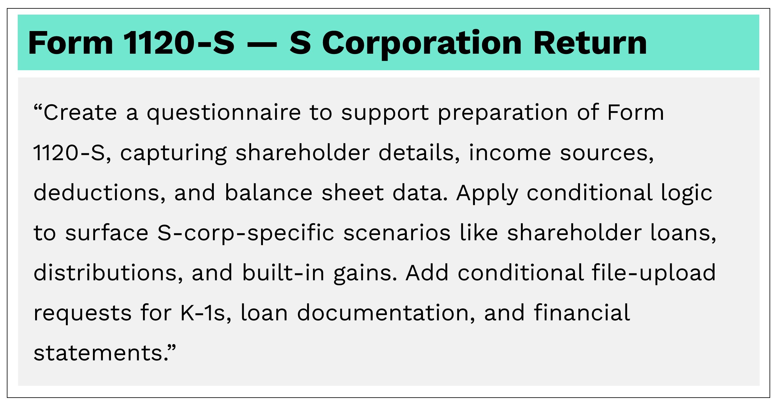 Smart S-Corp tax questionnaire for Form 1120-S highlighting shareholder info, distributions, built-in gains, and K-1 document requests.