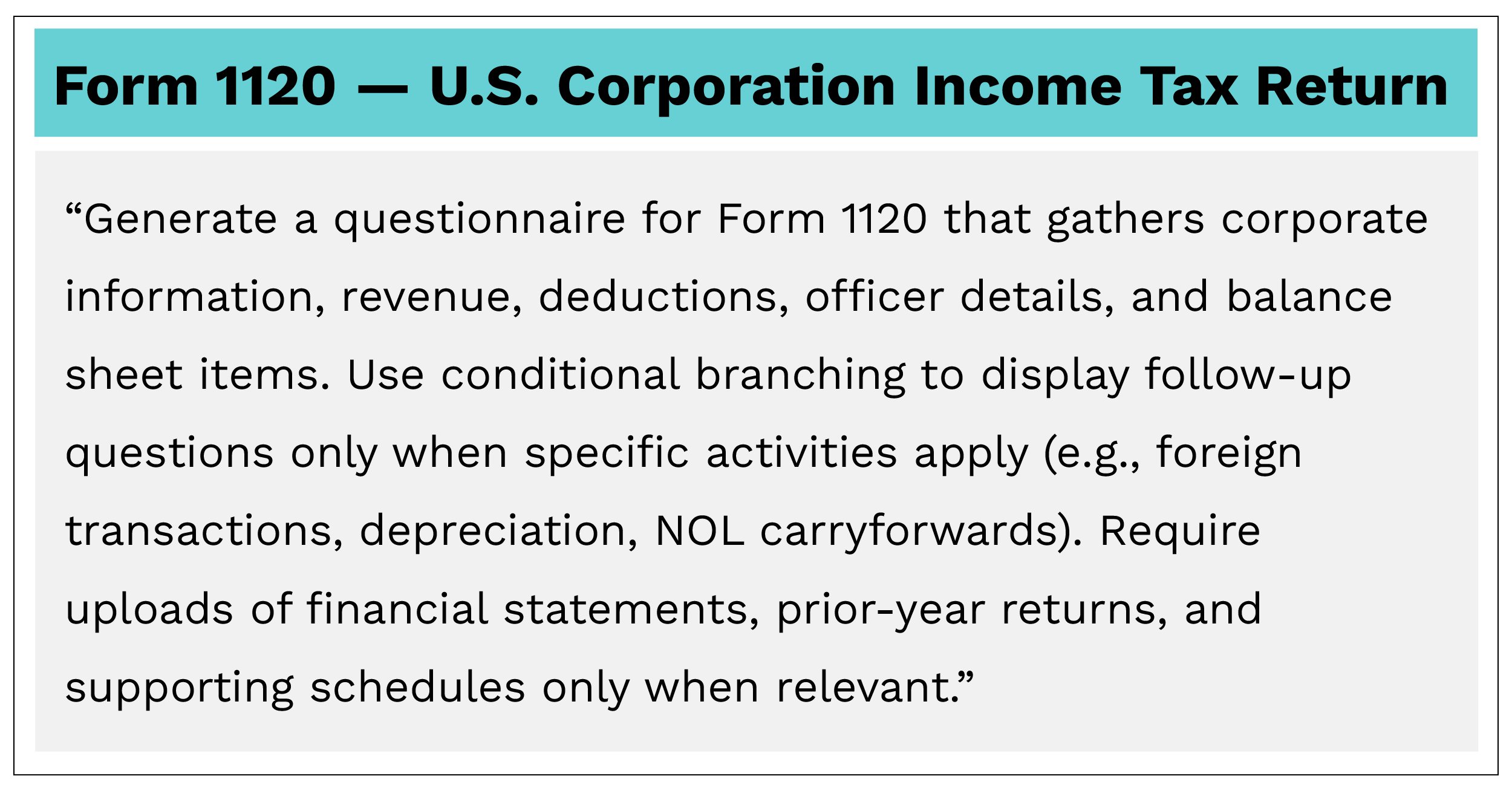 Corporate tax prep questionnaire for Form 1120 showing fields for income, deductions, foreign transactions, and financial statement uploads.
