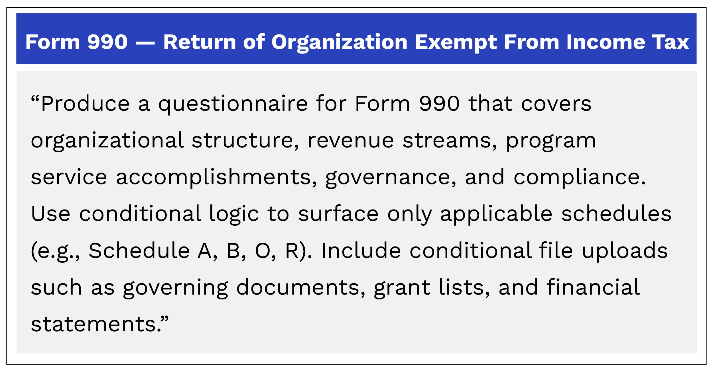 Nonprofit Form 990 questionnaire collecting revenue streams, program service data, and conditional document uploads for schedules A, B, O, and R.