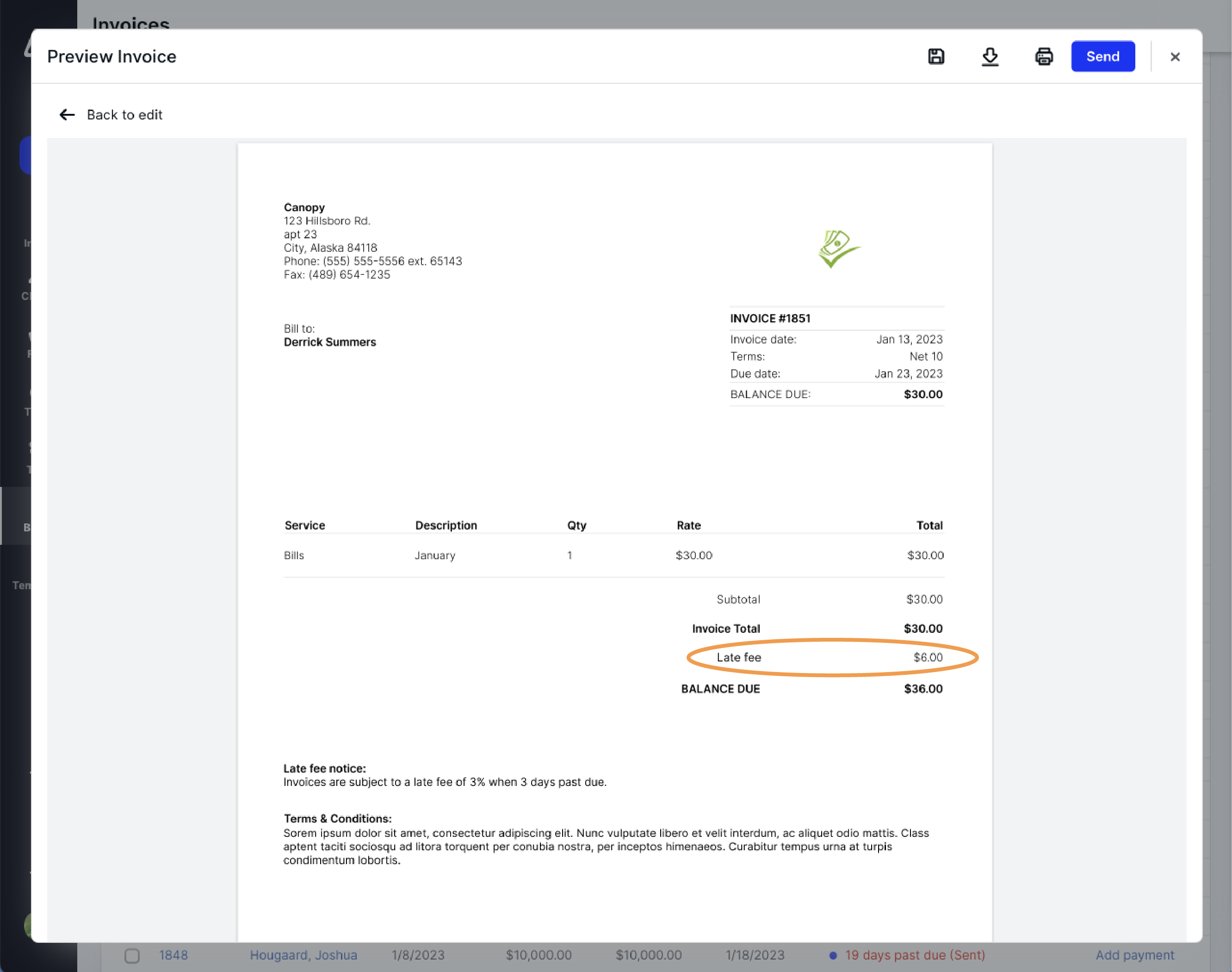 Late Fee on Invoice