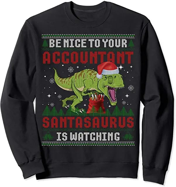 santasaurus is watching ugly christmas sweater
