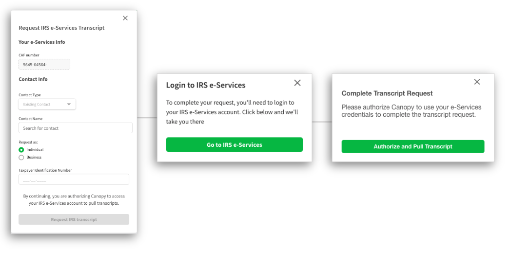 Process of requesting a transcript from IRS e-services on the Canopy Tax software