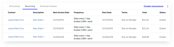 Canopy screenshot of recurring invoices