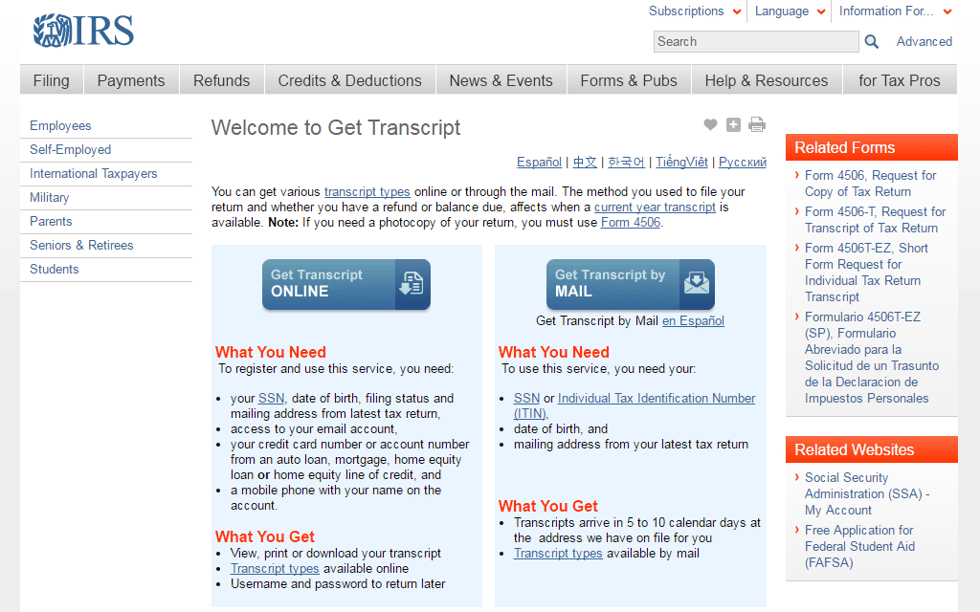 IRS get transcripts portal