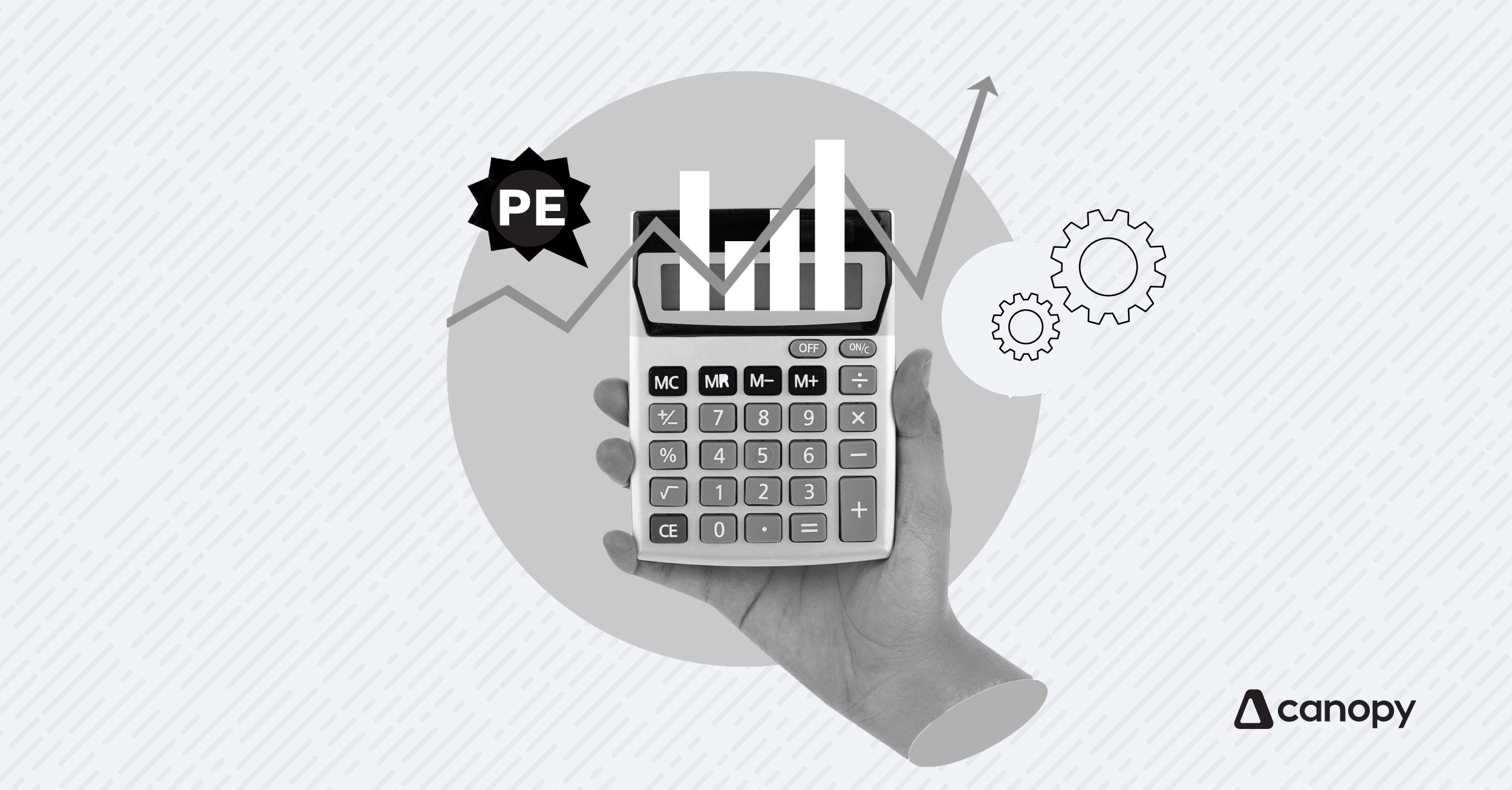 Hand holding a calculator with a private equity badge and upward-trending graph, representing growth in PE-backed accounting firms.