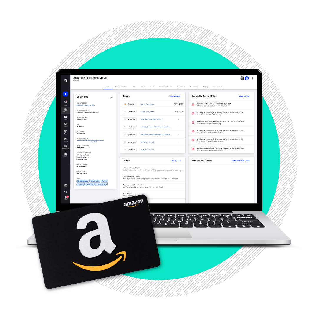 a gift card next to a laptop showing canopy accounting practice management software
