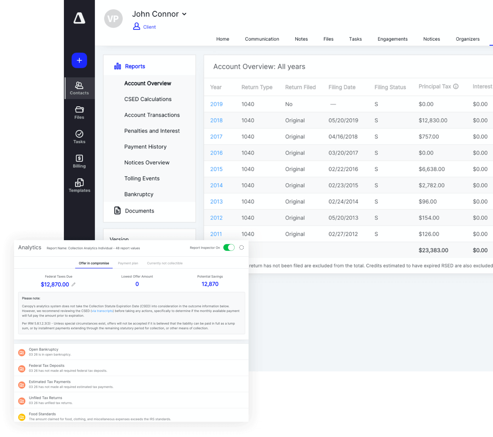 Screenshot of tax resolution software platform, Canopy.