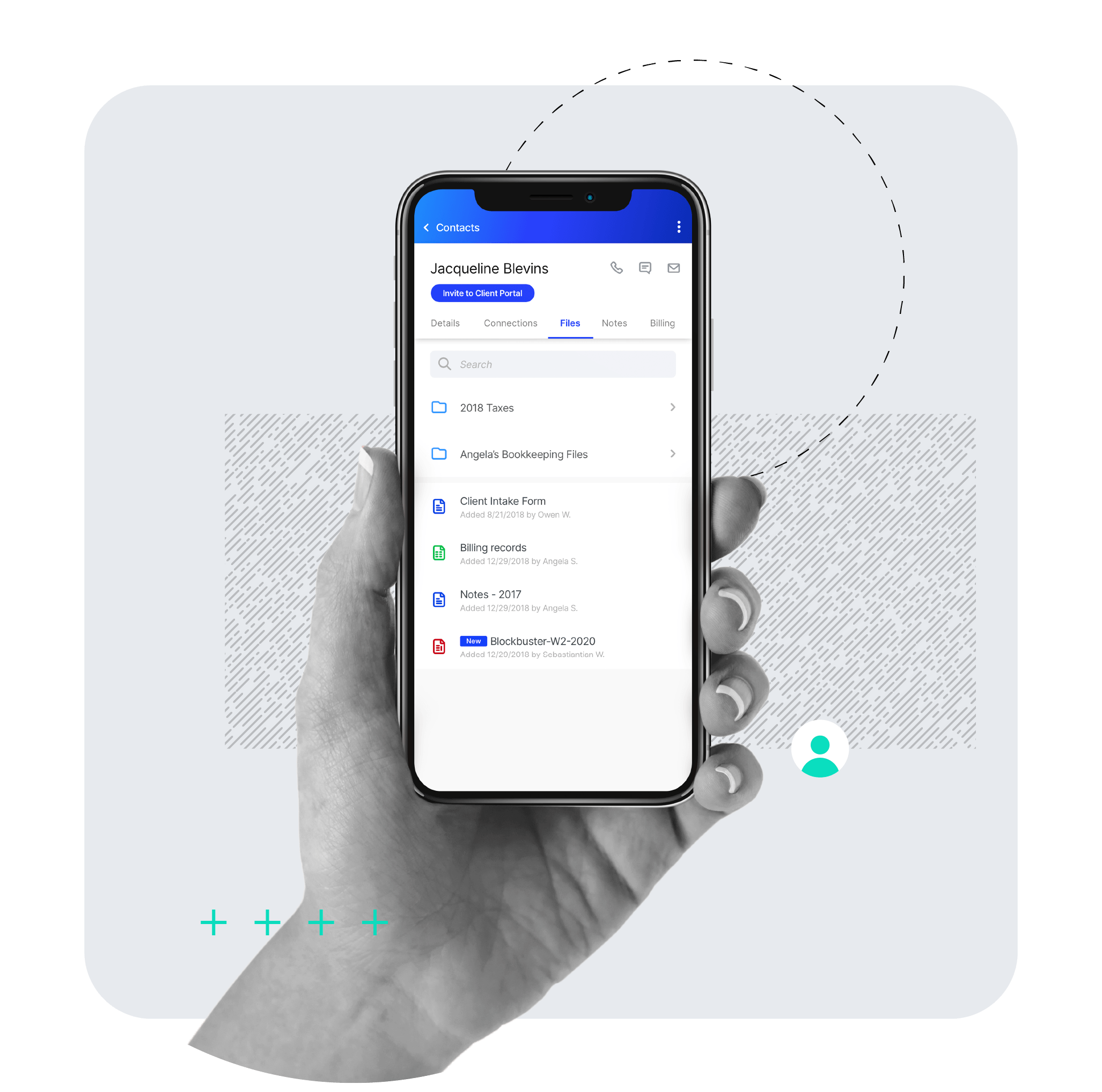 Mobile app view of accounting practice management software showing client contact details and organized tax folders.