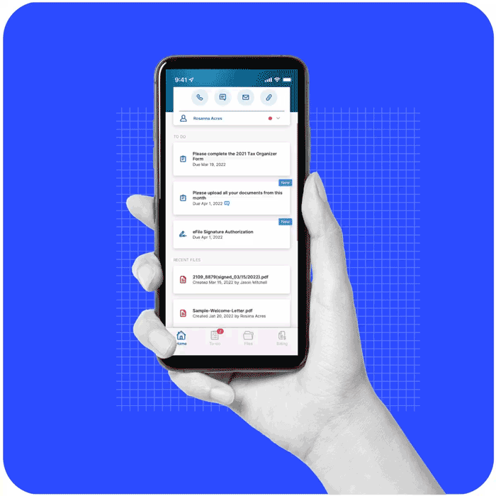 Smartphone app interface for accounting practice management software featuring file uploads and e-signature tasks.