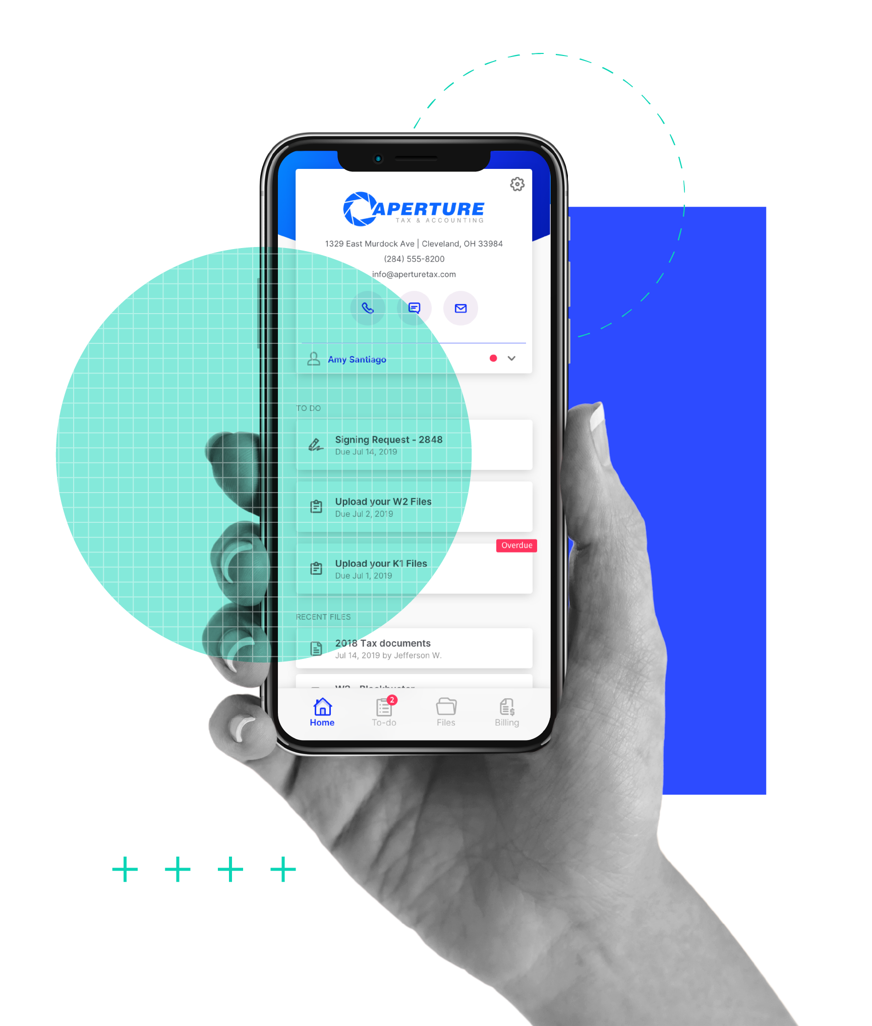 Mobile client portal interface for accounting practice management software showing document upload requests and tasks.