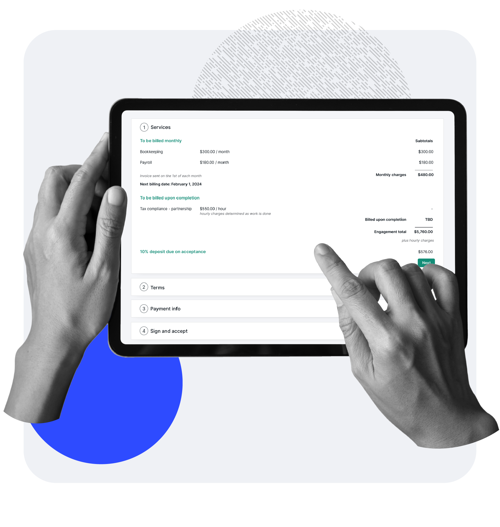 Hands holding a tablet in order to review engagement totals and service terms in accounting practice management software.