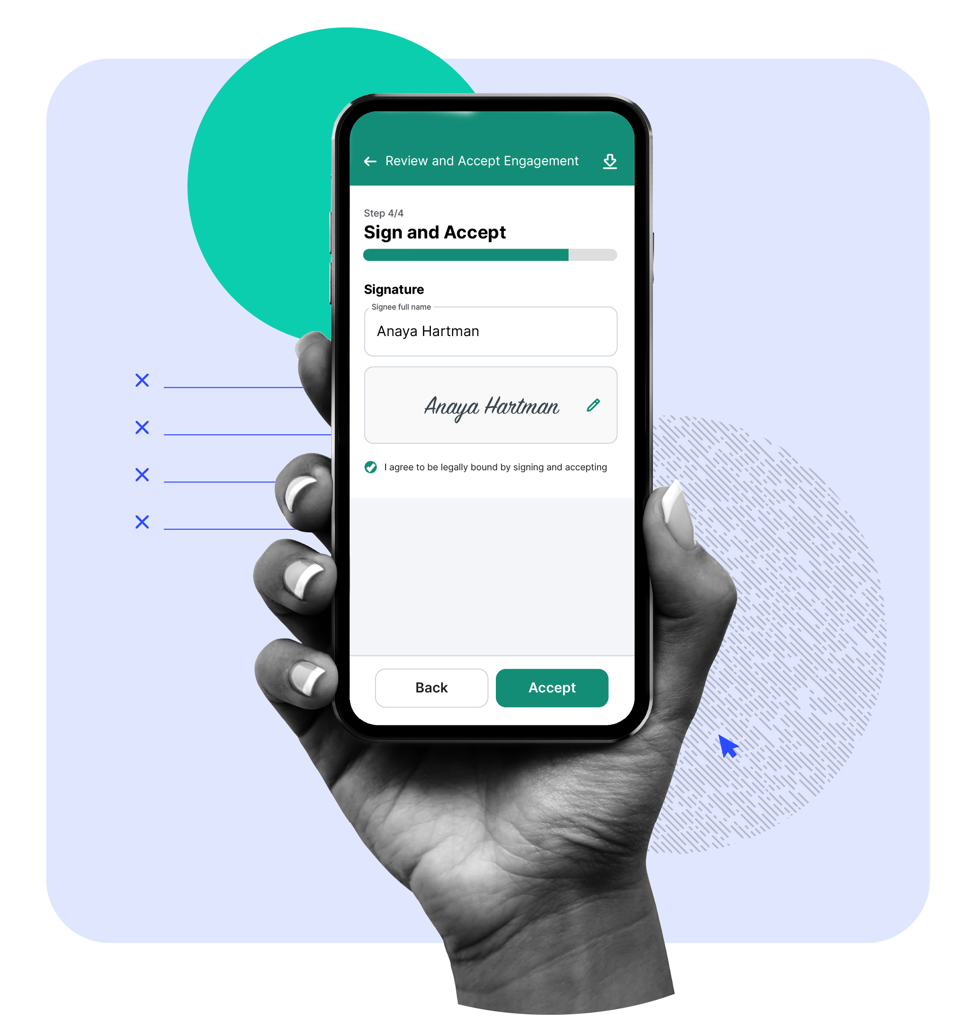 Mobile e-signature process for signing and accepting client contracts within accounting practice management software.