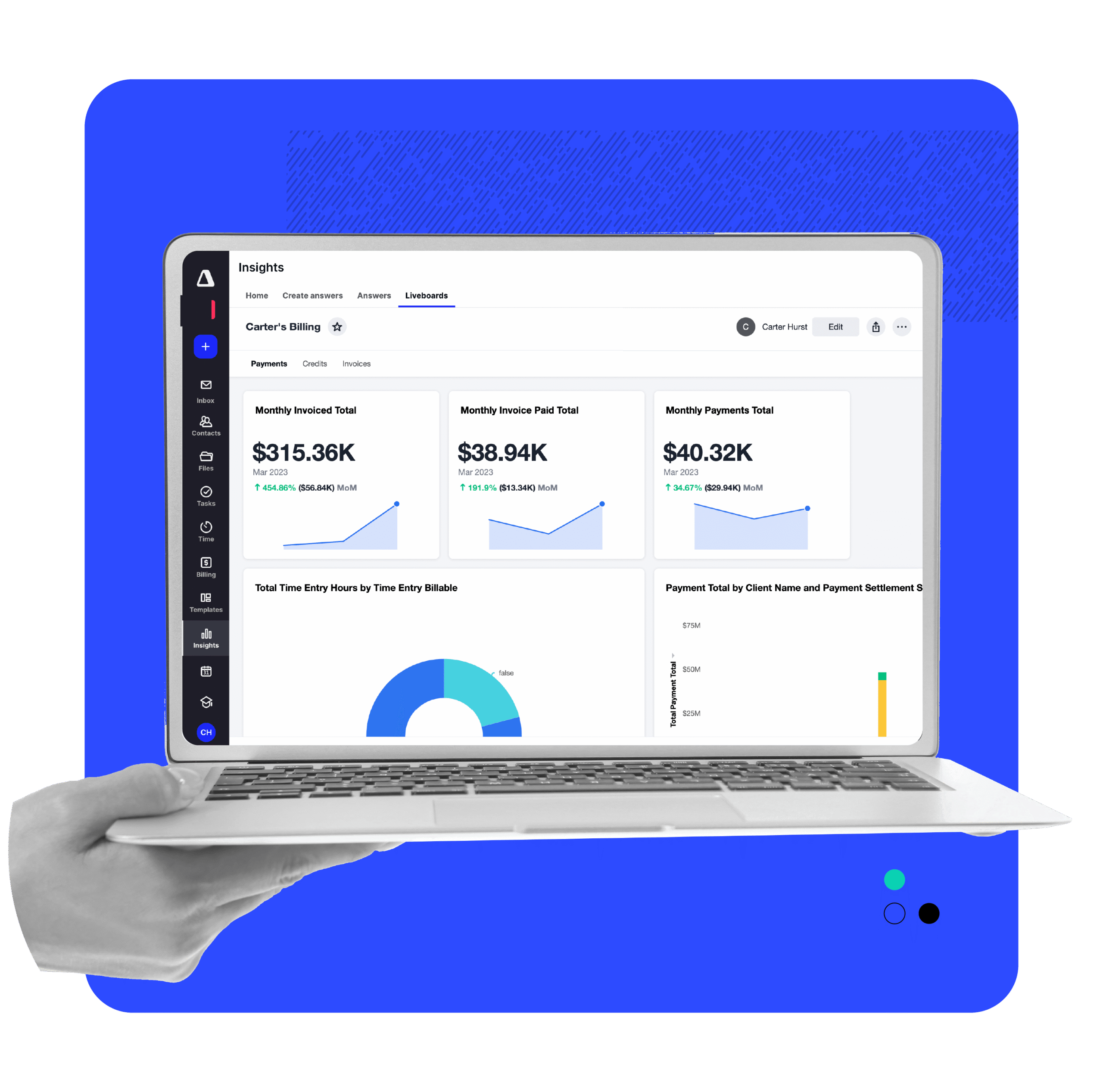 A hand holds a laptop featuring the billing and invoicing module of an accounting practice management software.
