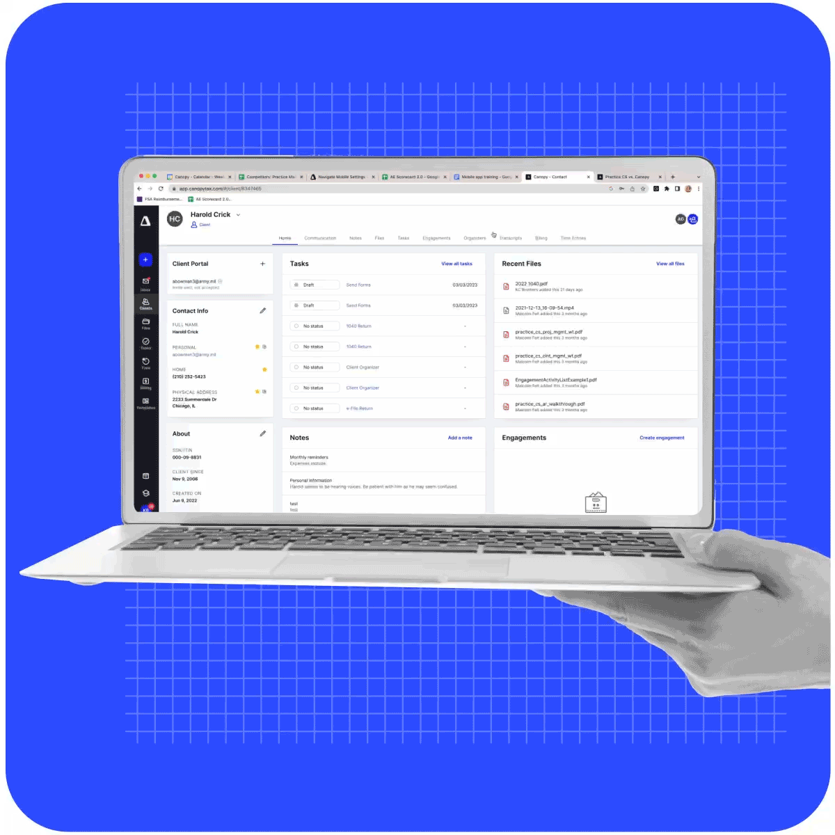 Managing client contact info, notes, and recent files using accounting practice management software on a laptop.