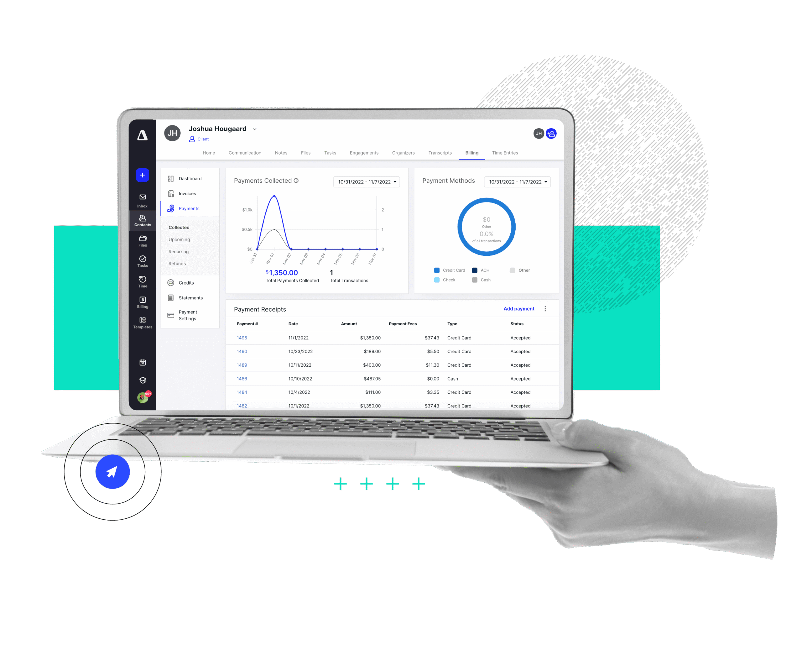 A laptop screen displaying a dashboard view from Canopy all-in-one practice management software.