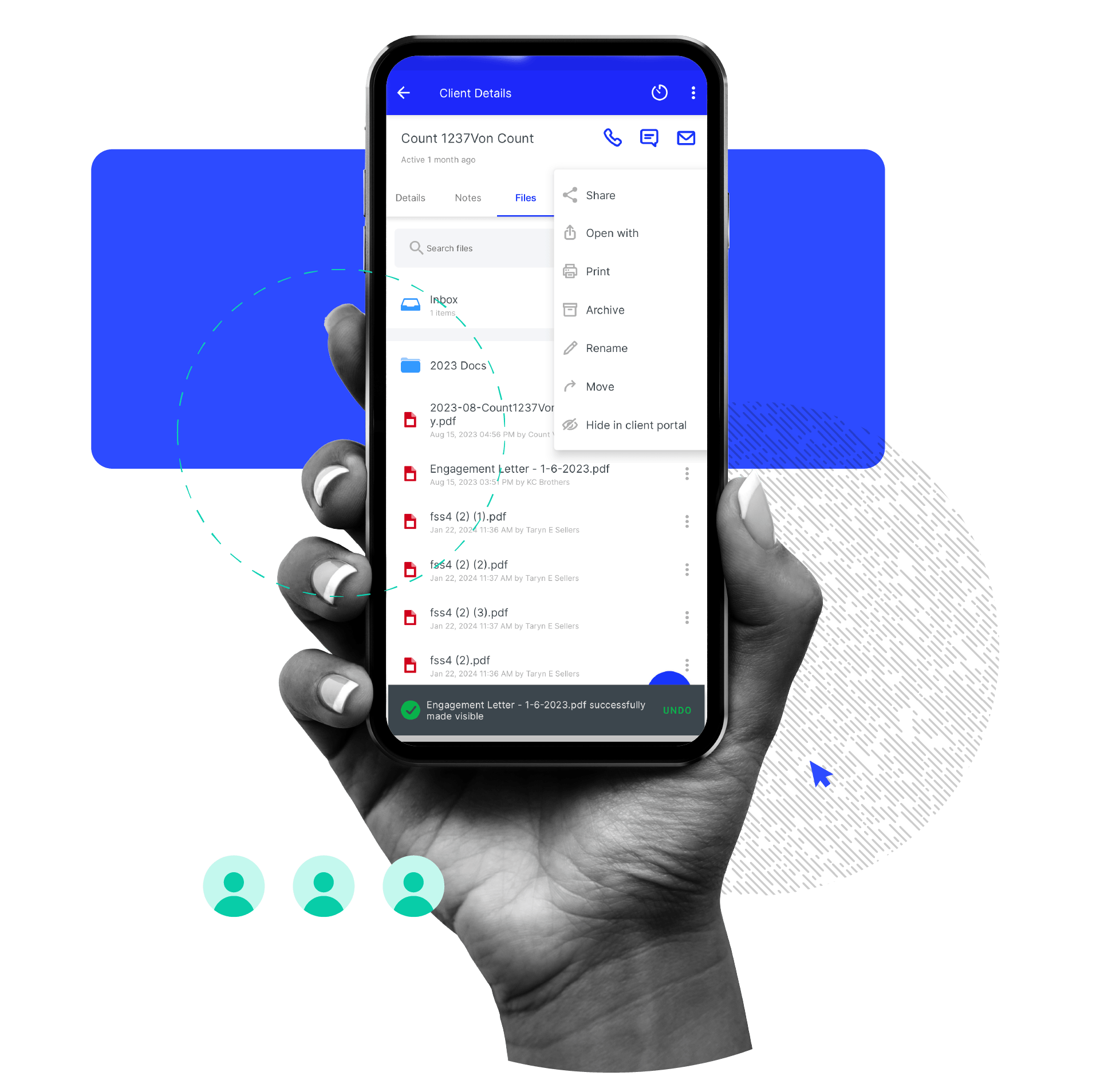 Accounting practice management software mobile app showing a client file list with options to share, print, or move documents.