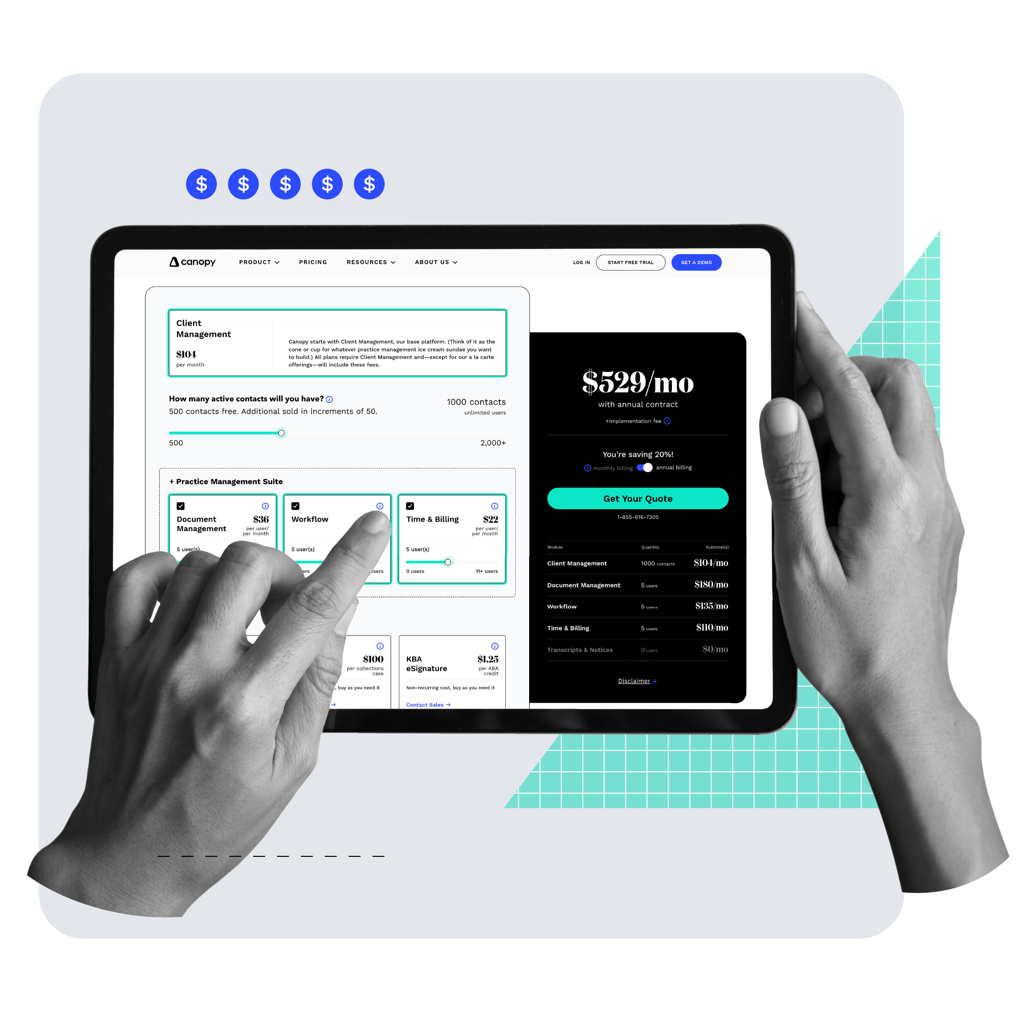 A tablet displaying Canopy’s modular pricing calculator, allowing users to toggle between Client Management, Workflow, and Time & Billing modules.