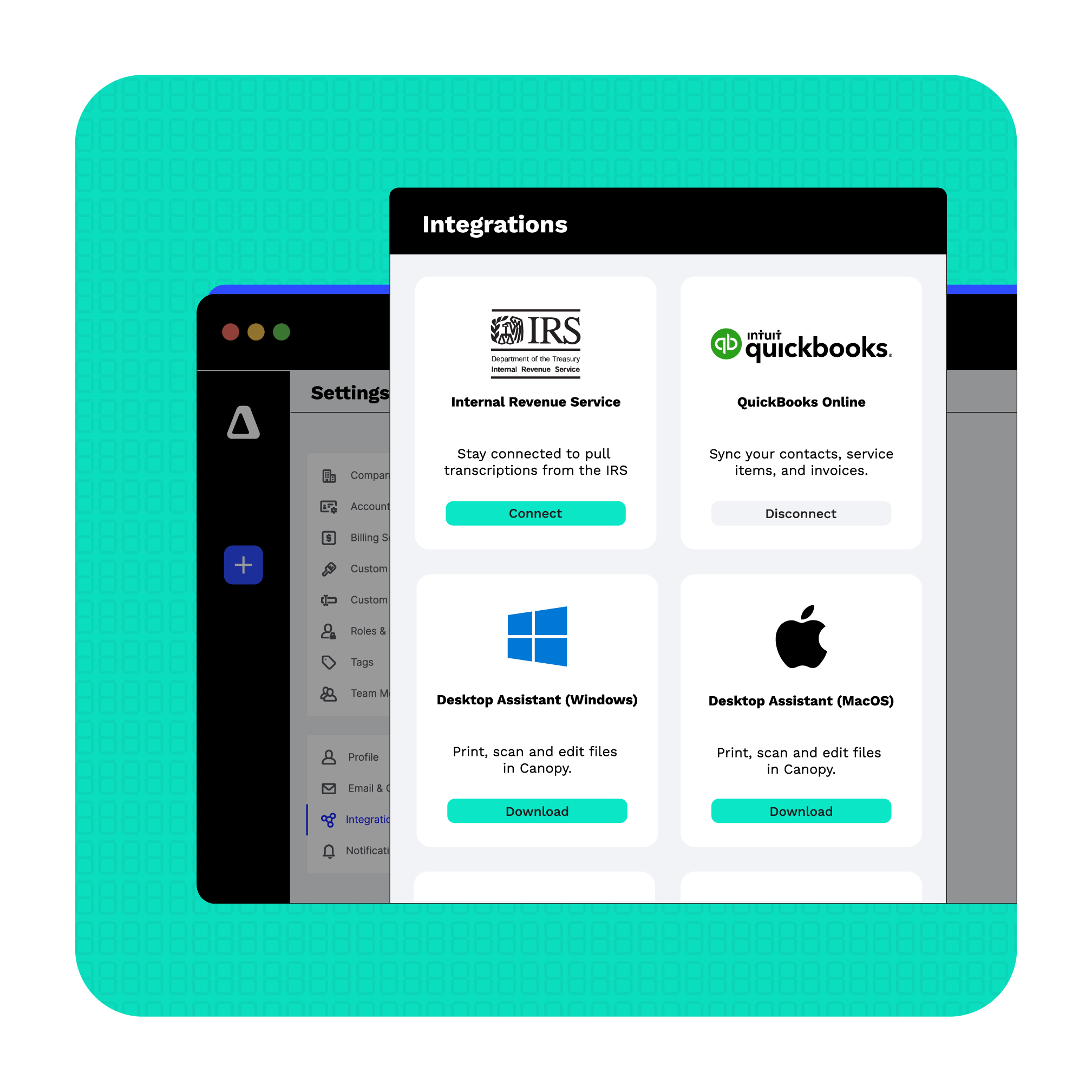 The Canopy QuickBooks integration interface, allowing users to sync contacts, service items, and invoices with QuickBooks Online.