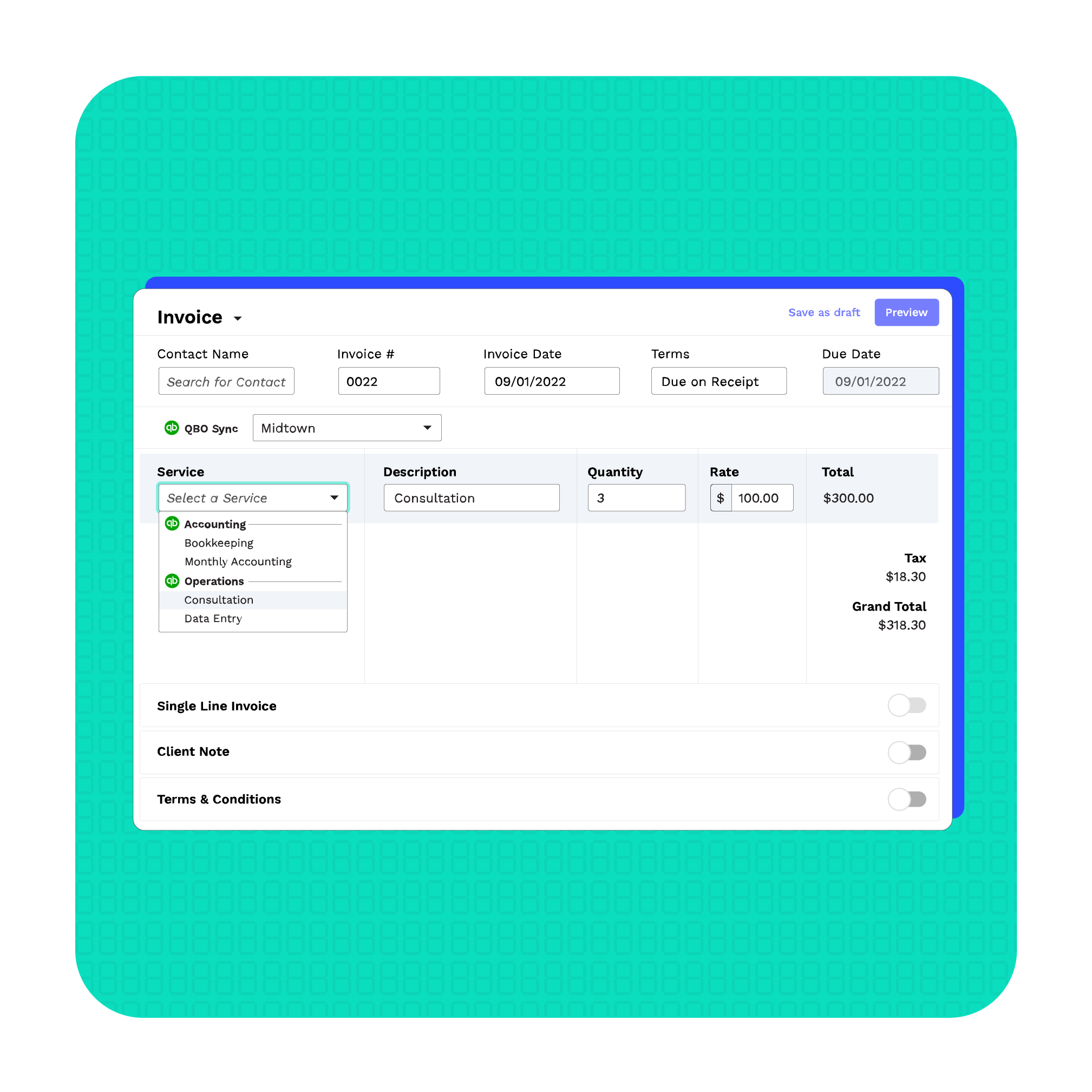 Creating a Quickbook invoice directly in Canopy with auto-populated service items and real-time QBO sync.