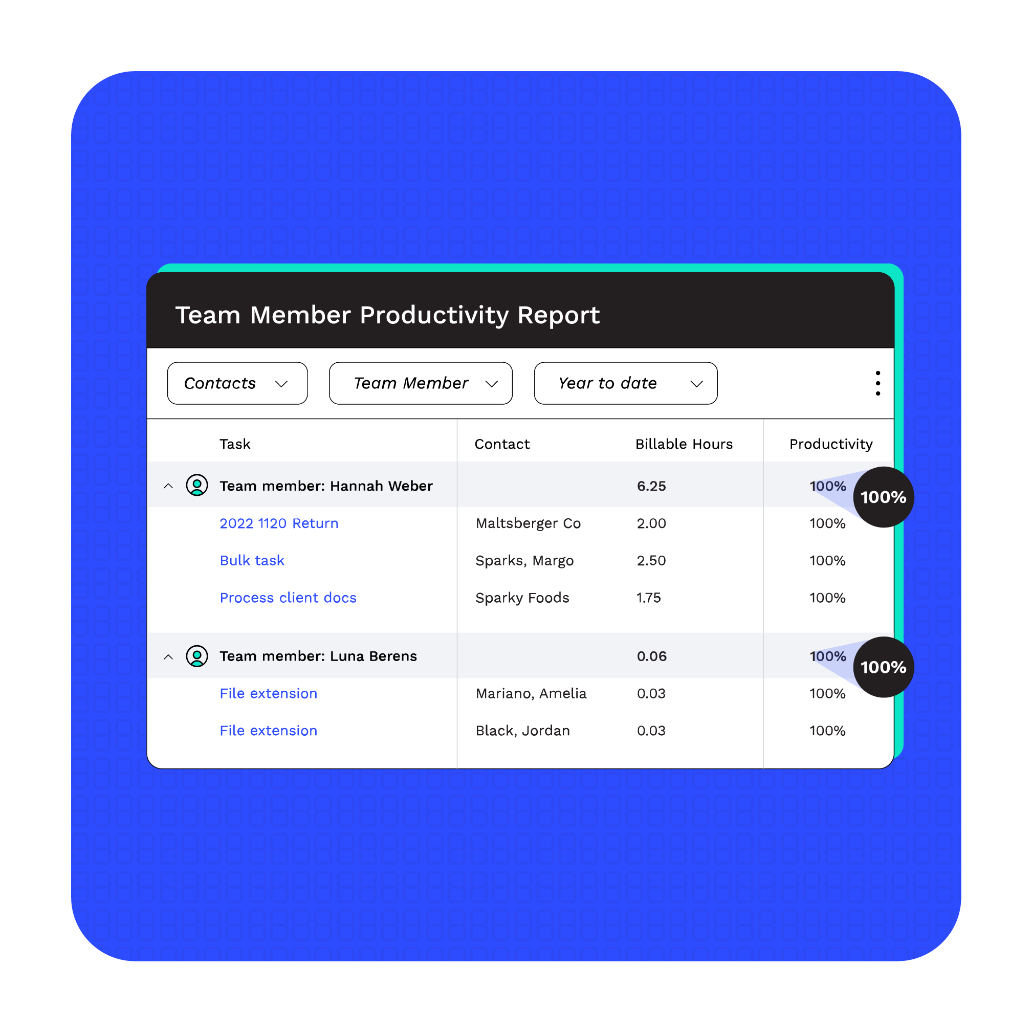Reviewing a Team Member Productivity Report in Canopy to track billable hours and Quickbook productivity metrics.