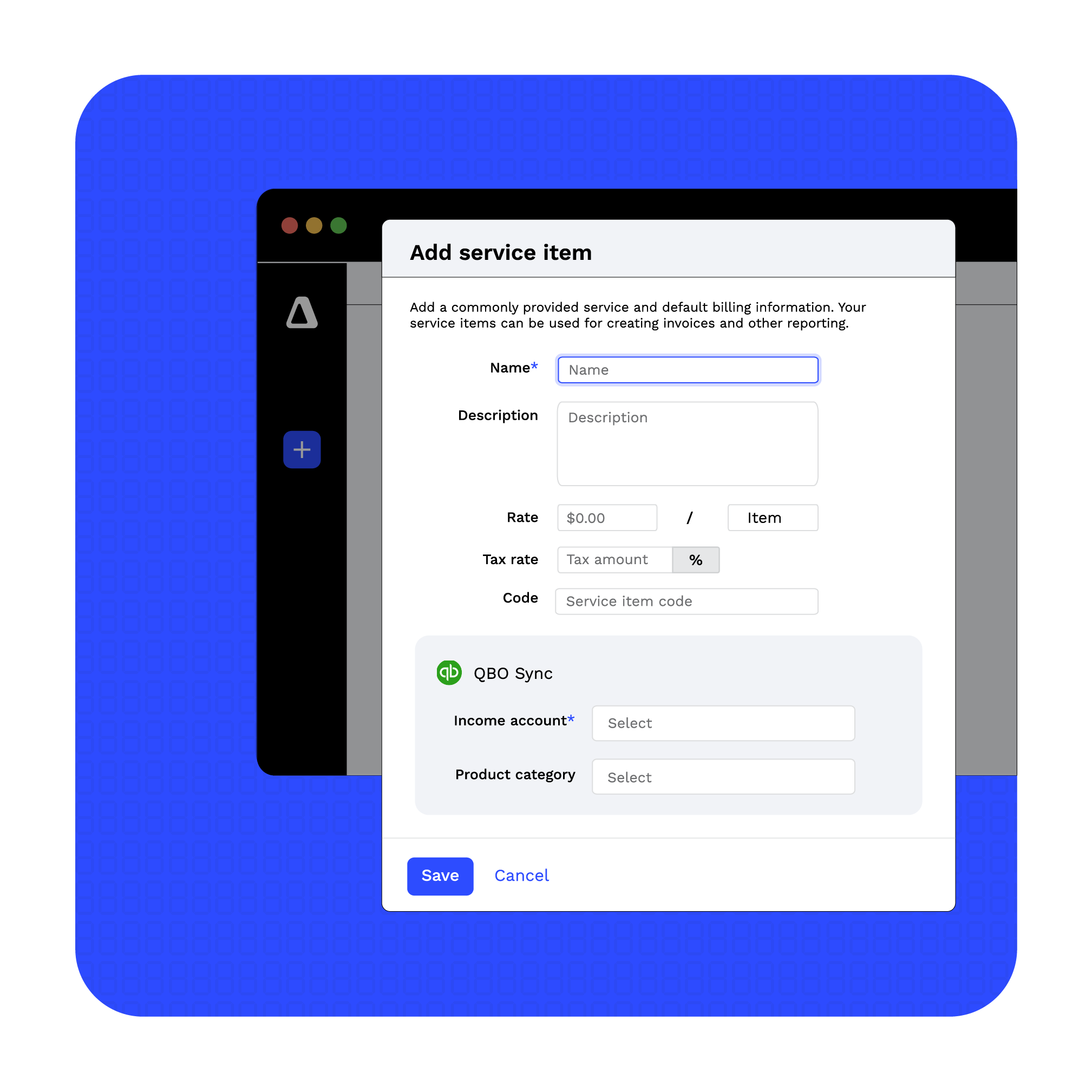 Adding a new service item in Canopy with Quickbook Sync to automatically map income accounts and product categories.