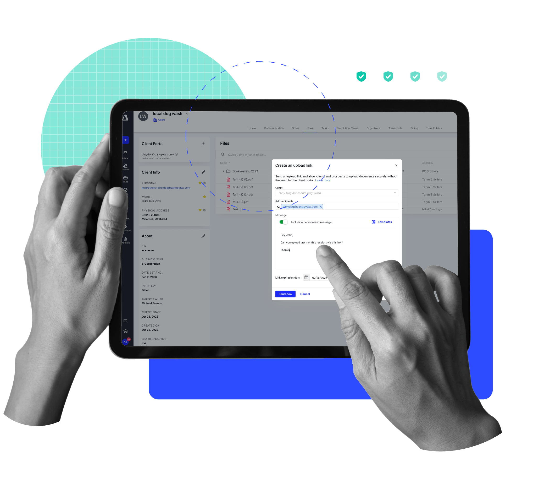 Hands using a tablet to share Secure Links and manage client files within Canopy’s modern practice management interface.