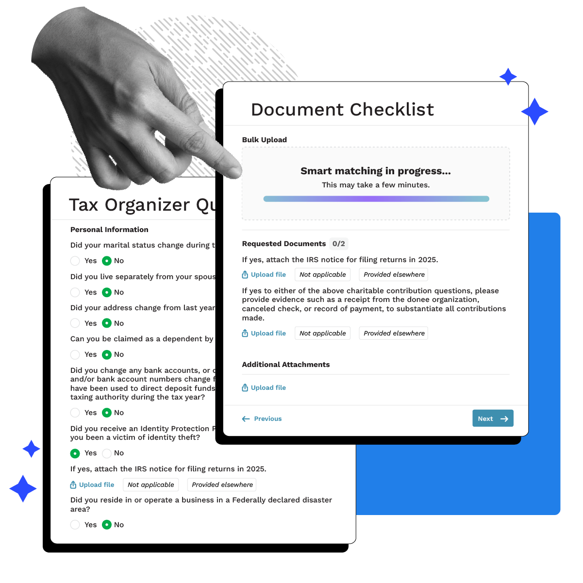 AI-powered accounting practice management software displaying automated document matching and a digital tax organizer.