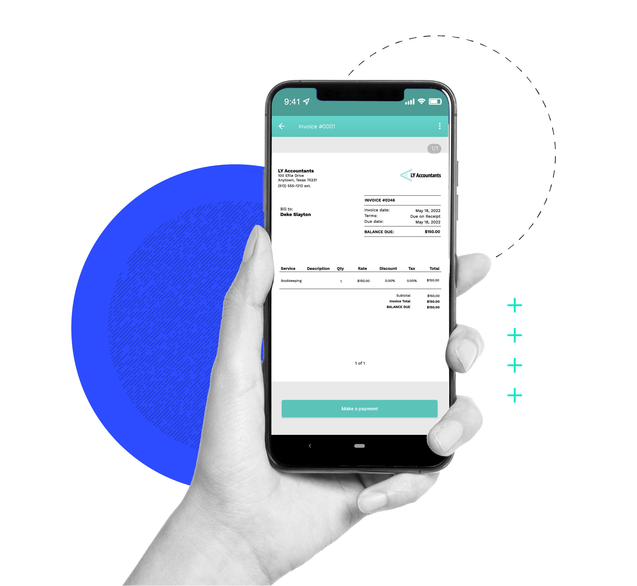Hand holding a smartphone displaying a digital invoice on an accounting practice management software mobile app.