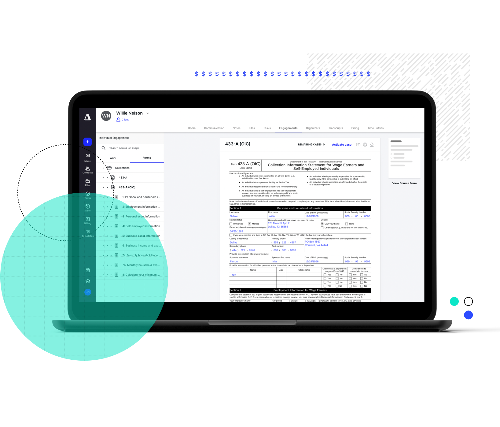 A laptop displays the "Engagements" tab of an accounting practice management software with a digital IRS Form 433-A.