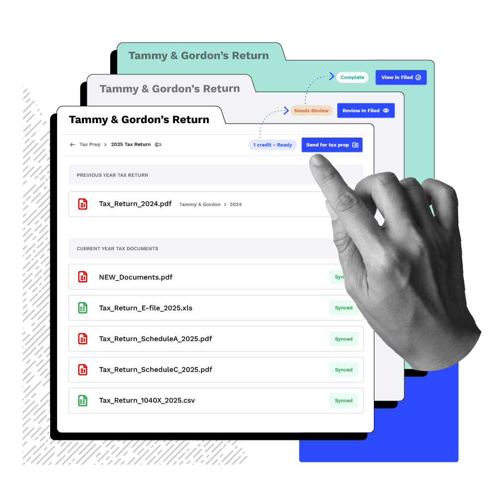 A hand interacts with the Smart Prep dashboard within an accounting practice management software to sync tax documents.