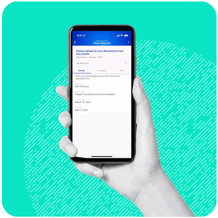 Accounting practice management software displayed on a smartphone screen with a document request notification.