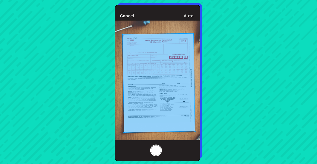 Accounting practice management software mobile app using a smartphone camera to scan a tax document into a professional PDF.