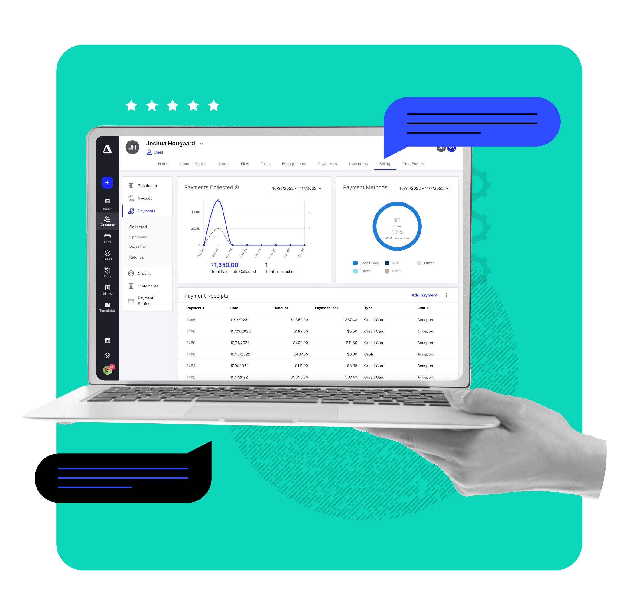 Hand holding a laptop featuring an accounting practice management software interface with financial analytics.