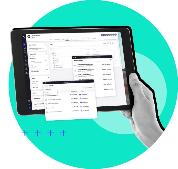 Tablet showing a file migration tool and recent document uploads within accounting practice management software.