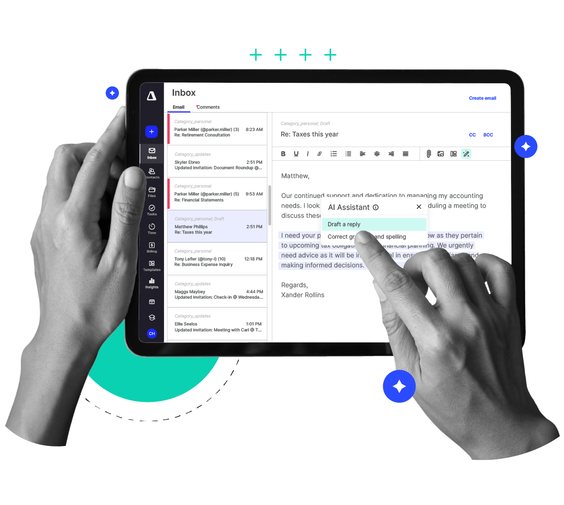 A tablet displays the Canopy AI interface within an accounting practice management software, featuring an inbox and automated email drafting.