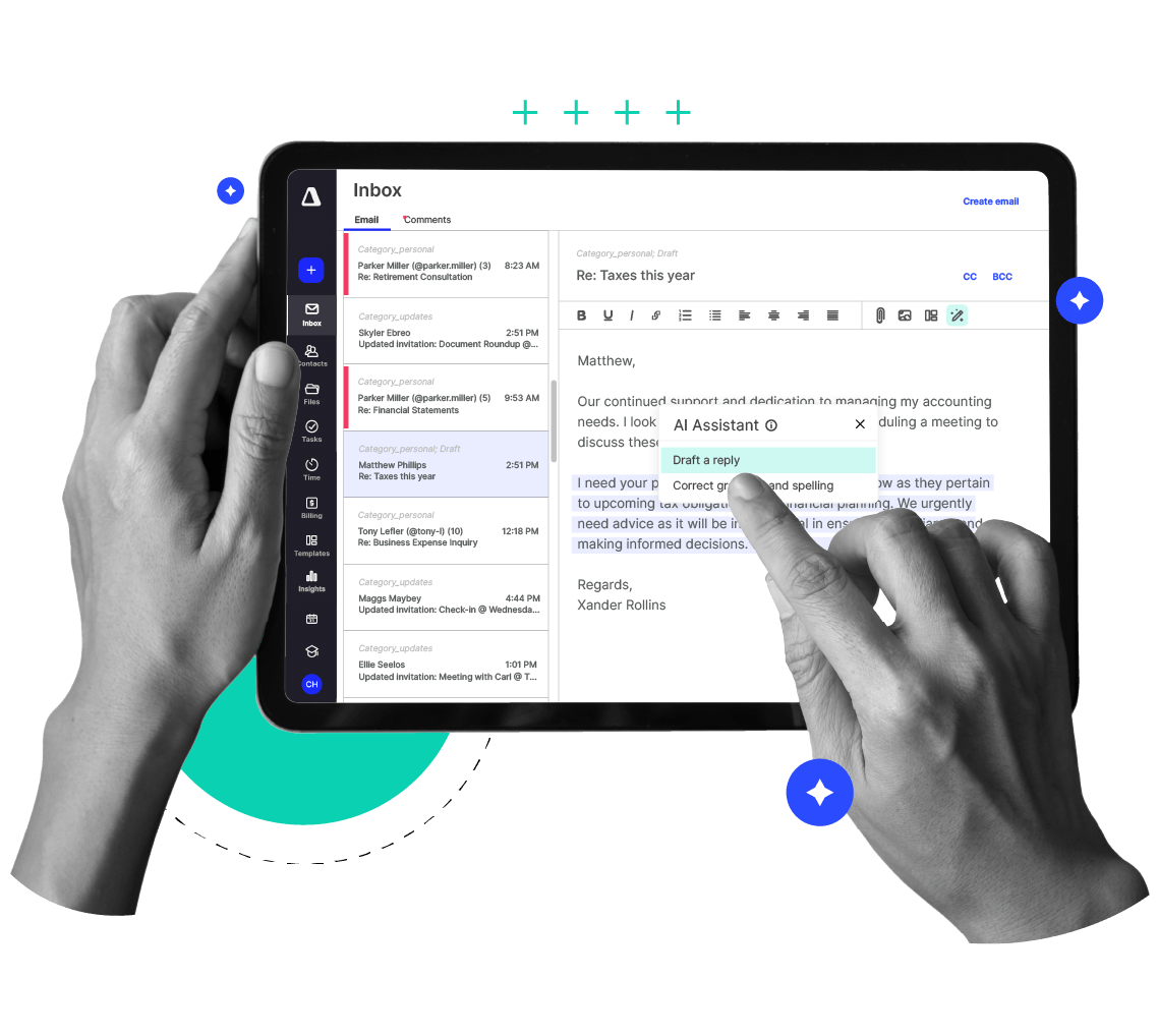 Using the Canopy AI Assistant on a tablet to instantly draft a reply to a client email, ensuring fast and professional client communication.