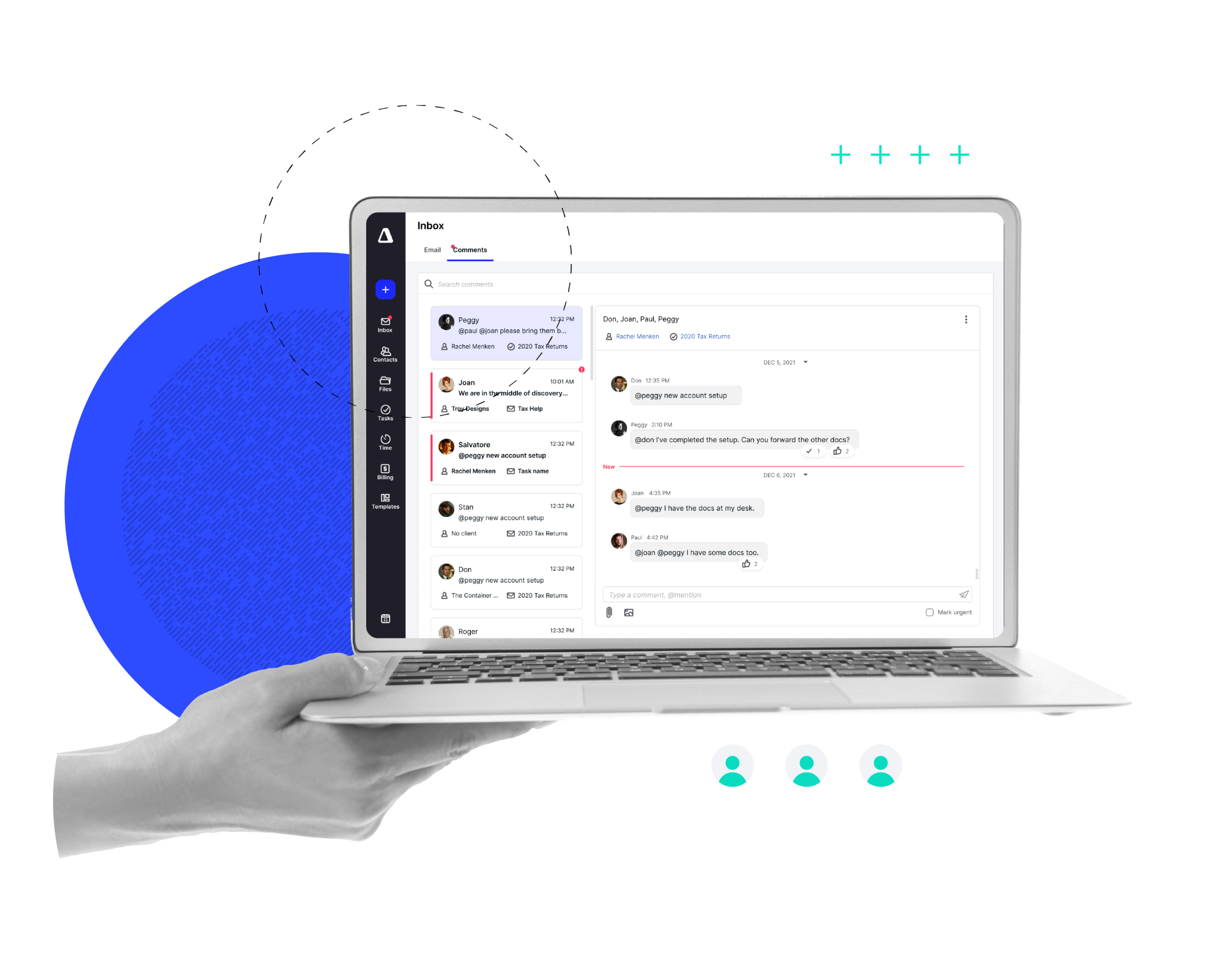 Accounting practice management software on a laptop screen, highlighting real-time team collaboration and messaging.