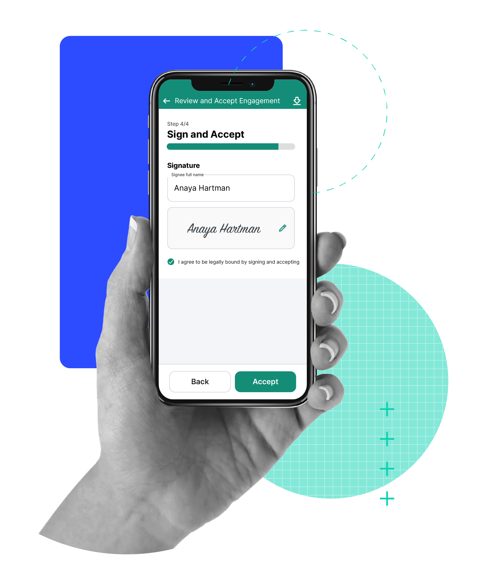 A smartphone displays an eSignature interface in an accounting practice management software with a "Sign and Accept" progress bar.