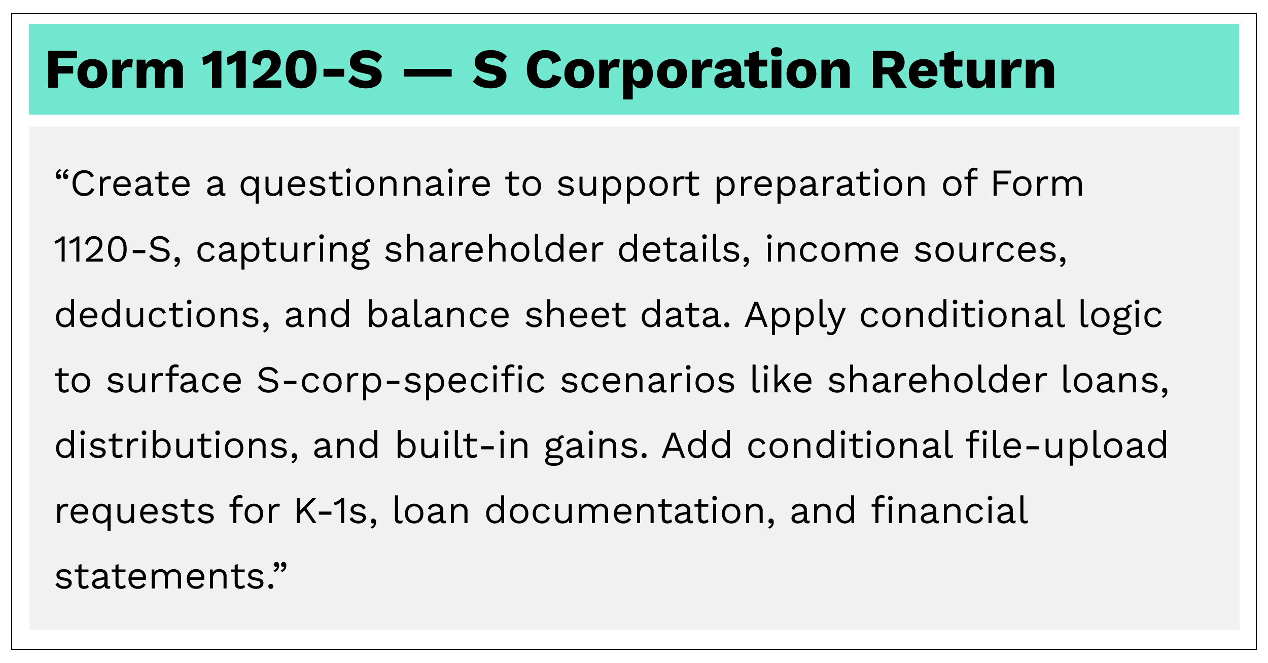 Smart S-Corp tax questionnaire for Form 1120-S highlighting shareholder info, distributions, built-in gains, and K-1 document requests.