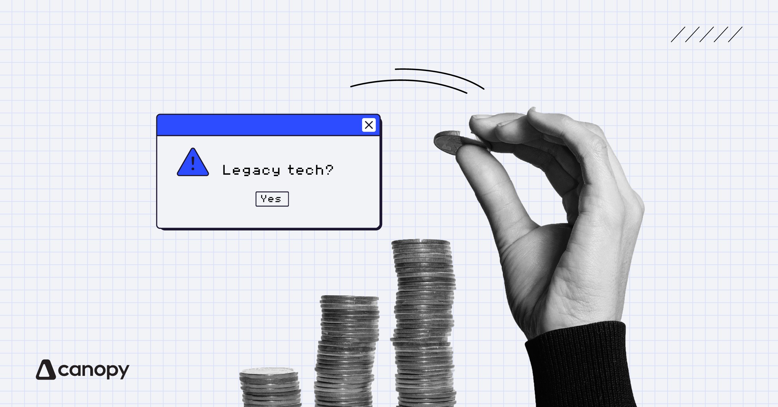 Illustration of stacked coins and a warning popup labeled “Legacy tech?” symbolizing outdated systems limiting accounting firm growth.