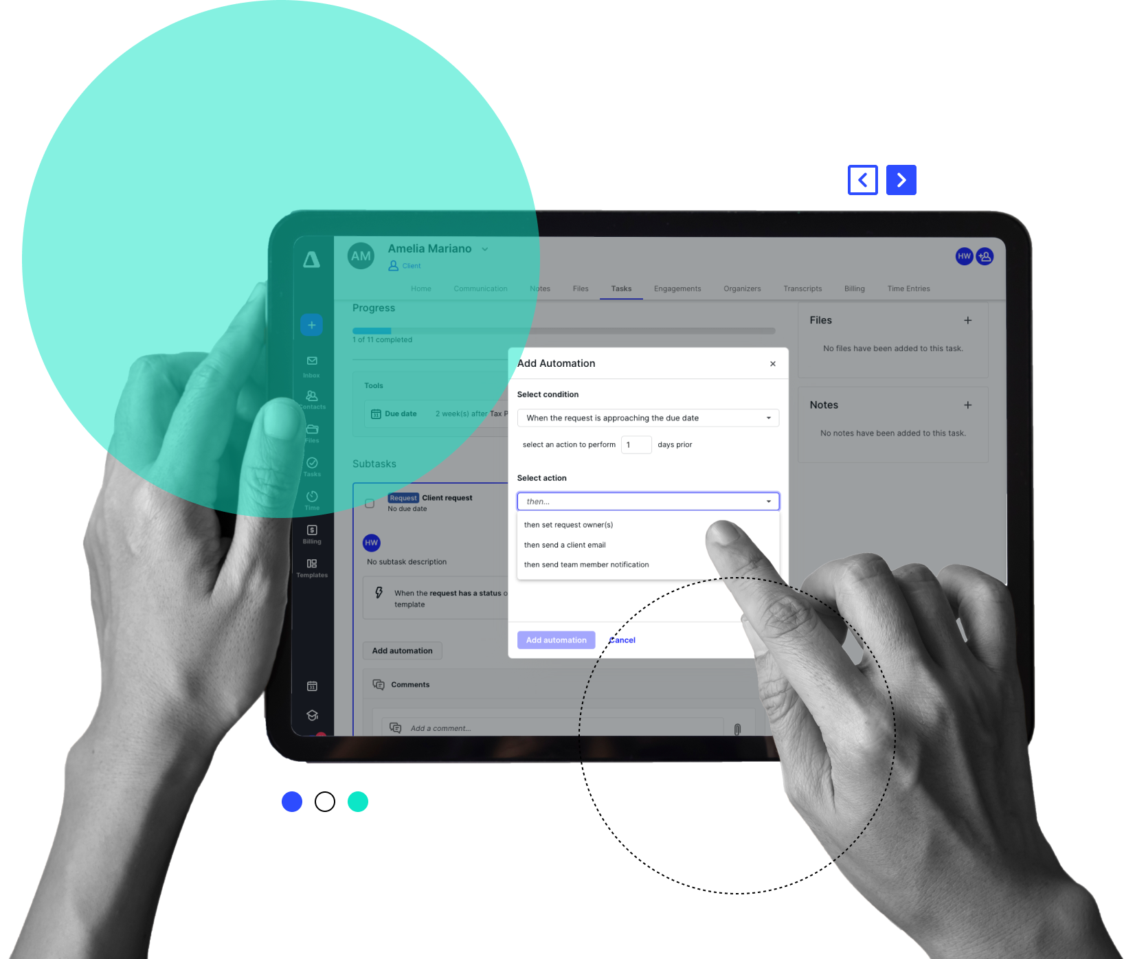 An iPad displaying Canopy software with a sleek dashboard, showcasing task management, client communication, and automation tools—highlighting the future of accounting technology.